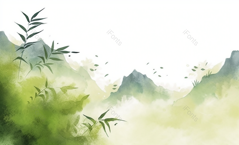 彩色的水彩风格春天夏天季节山川云雾弥漫和竹林竹子竹叶飘落文艺插画背景,插画/手绘图,插画/手绘图库,插画/手绘图下载,插画/手绘